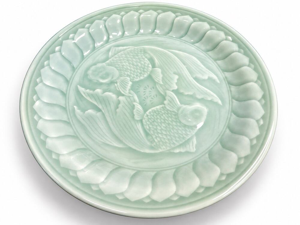 Vintage 1980s Chinese Celadon Koi Fish Plate Longquan Style Embossed 9 7/8”